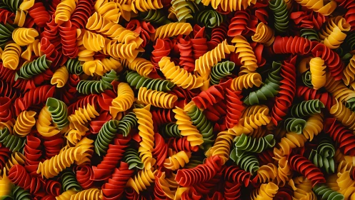 Colored fusilli pasta spirals fill frame in dense arrangement