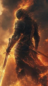 Flaming armored warrior stands holding a burning sword