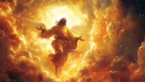 Radiant celestial figure rising through glowing golden sky.