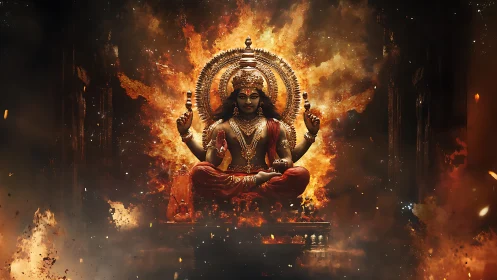 Deity statue rendered in fiery symmetrical digital composition