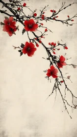 Scarlet blossoms drift across minimal parchment space.