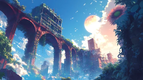 Overgrown elevated arches above dense urban structures.