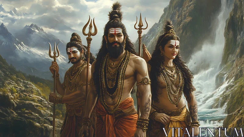 Sacred warrior trio stands before towering mountain waterfalls