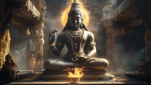 Large seated deity statue in temple interior with fire altar