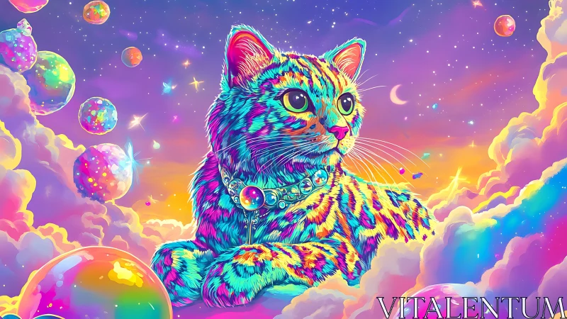 Neon cosmic cat resting among pastel clouds and orbs.