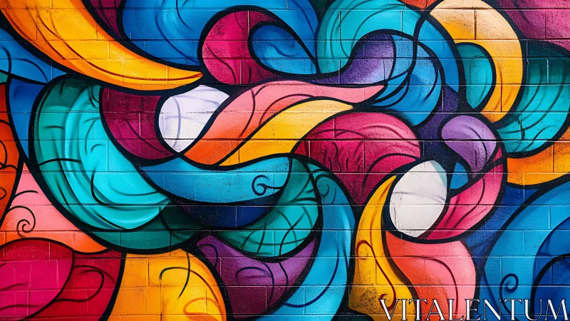 Vibrant abstract mural swirls energize textured brick wall