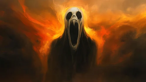Flaming skull wraith emerges from swirling infernal clouds