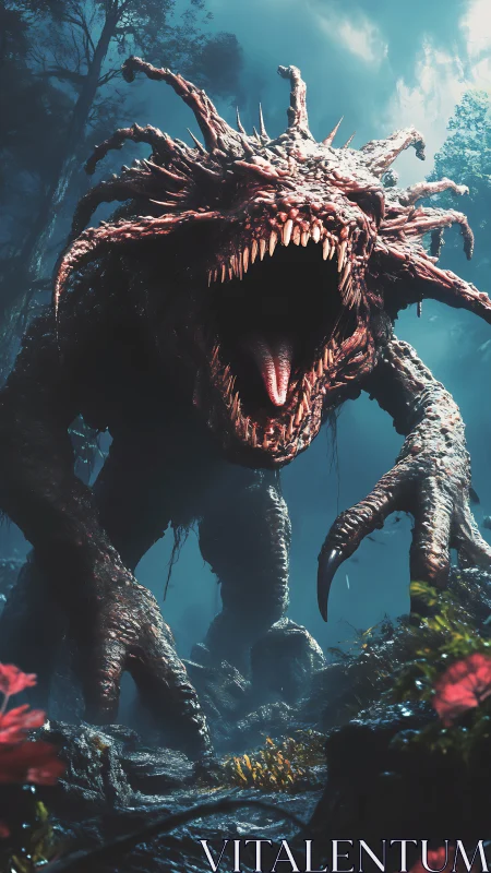 Monstrous forest creature roars forward in misty blue light