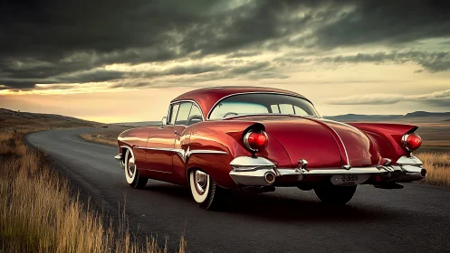 Vintage red coupe curves along stormlit rural highway.