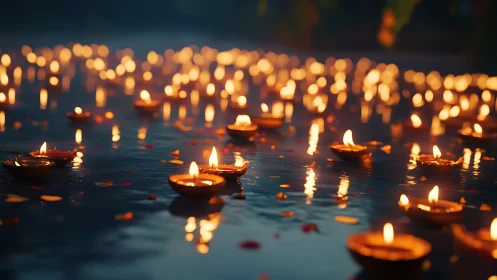 Gentle festival diyas glowing softly on a rain kissed night.