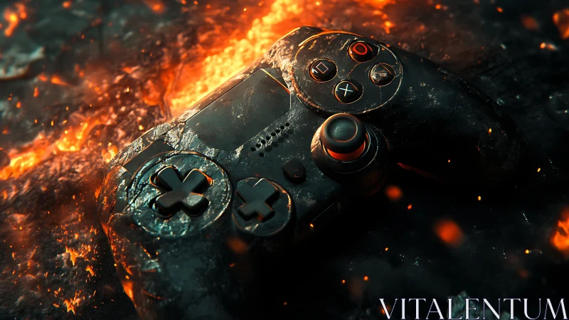 Game controller lies on molten, cracked lava surface
