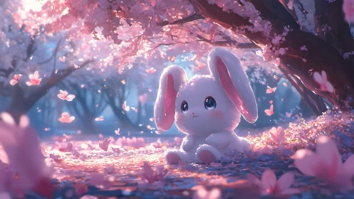 Kawaii bunny glows under dreamy pink cherry blossoms.