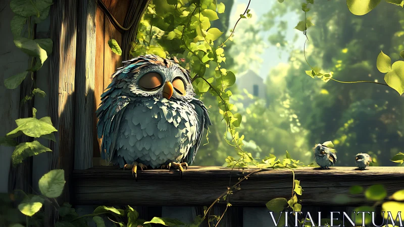 Sleepy Cartoon Owl and Chicks on Wooden Ledge in Sunlit Garden.