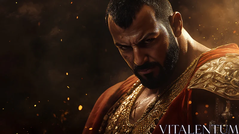 Warrior portrait with ornate gold armor in ember backlight