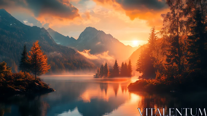 Golden mountain sunrise paints a tranquil autumn lake