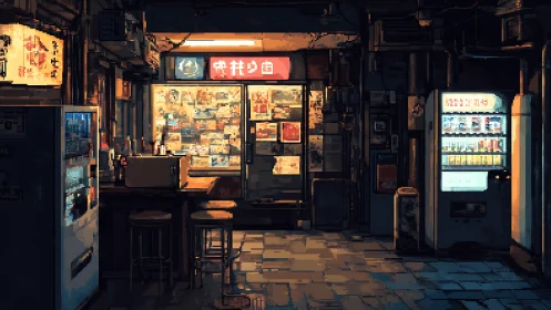 Cozy neon alley bar glowing softly between vending lights.