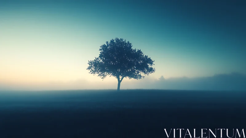 Lone dawnlit tree drifts between night fog and soft sunrise