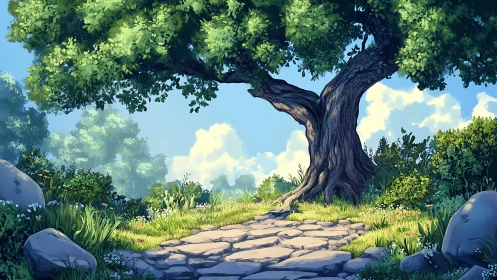 Ancient Gnarled Oak: Monumental Arboreal Specimen with Stone Pathway.