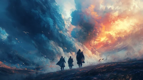 Wanderers cross stormlit plain under blazing sunset sky.