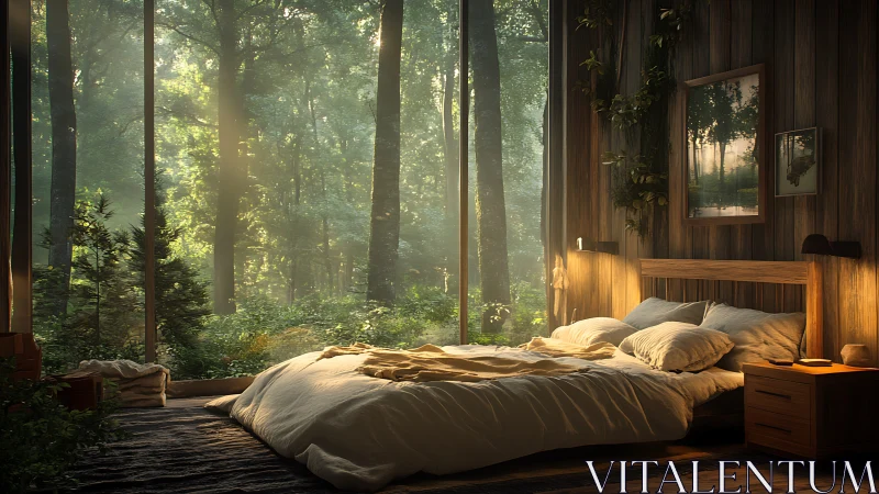 Serene Forest Bedroom with Morning Light Streaming Through Glass