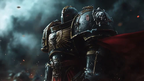 Heavily armored gothic supersoldier in stormlit battlefield