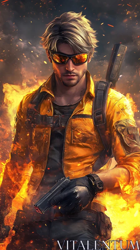 Tactical gunfighter in orange jacket strides through engulfing fire