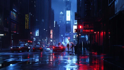 Midnight taxis drifting through neon soaked city rain.