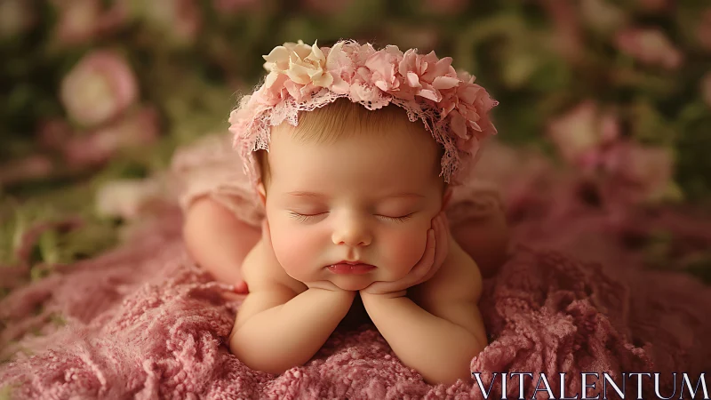 Sleeping Newborn in Pink Florals. Peaceful Portrait.