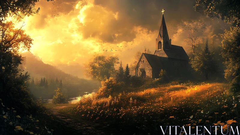 Sunlit country church amid forest and wildflower meadow.