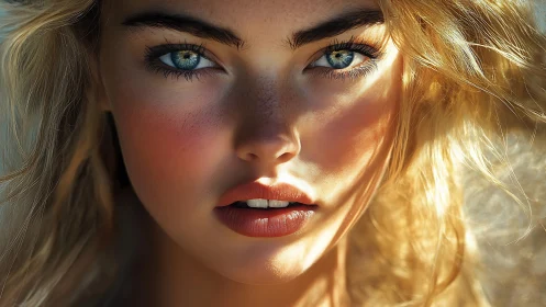 Close-up portrait of blue-eyed blonde woman in sunlight.