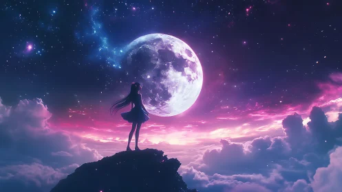 Girl beneath a glowing moon in a dreamy starry sky.