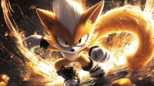 Energetic fox character lunges forward amid dynamic fire trails