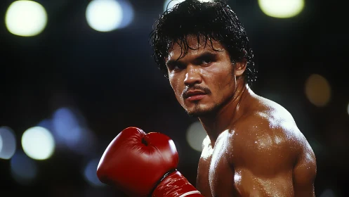 Glistening Pugilist: Red Gloves Gleam Under Stadium Lights