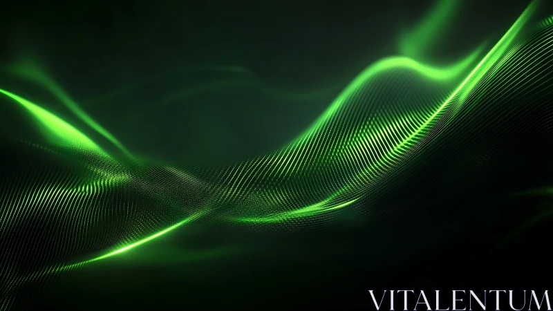 Neon green data waves arc across dark abstract digital space
