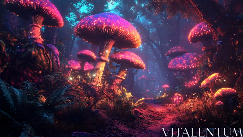 Glowing neon mushrooms in dense fantasy forest at dusk.