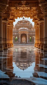 Golden temple corridor glows in mirrored morning light