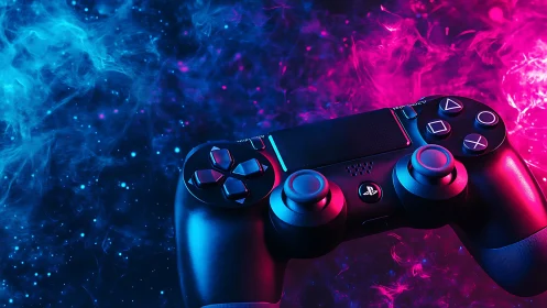 DualShock controller in neon blue and magenta rim lighting.