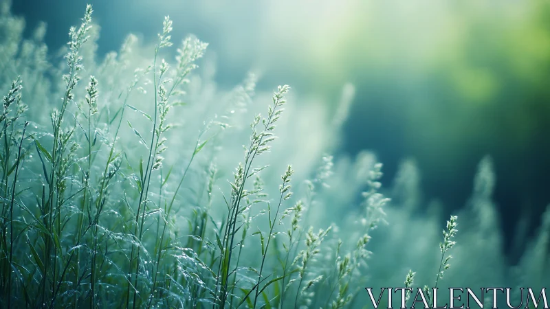 Close-up of sunlit green grass blades in soft morning light.