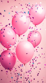Pink Balloons Floating With Colorful Confetti Magic.