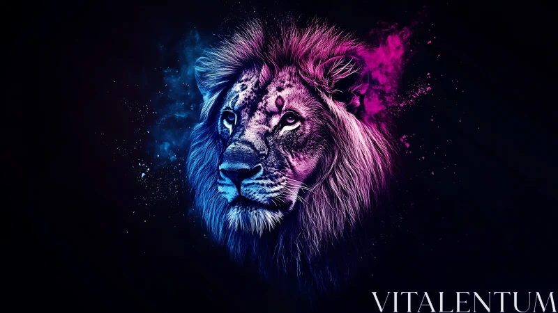 Bichromatic neon lion portrait with asymmetric particle dispersion.