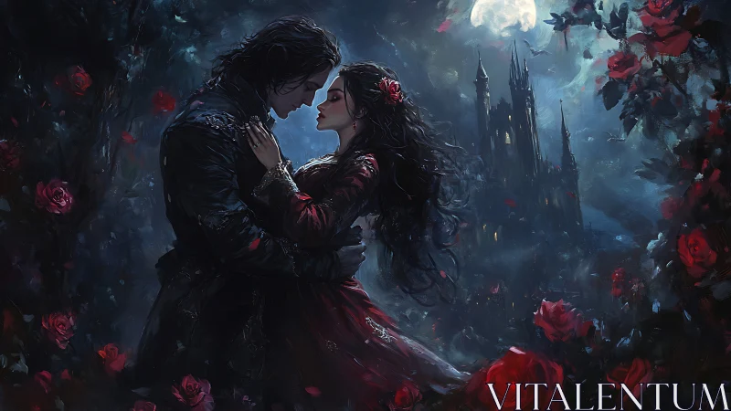 Gothic Romance: Two Lovers Embrace Under Moonlight at Castle