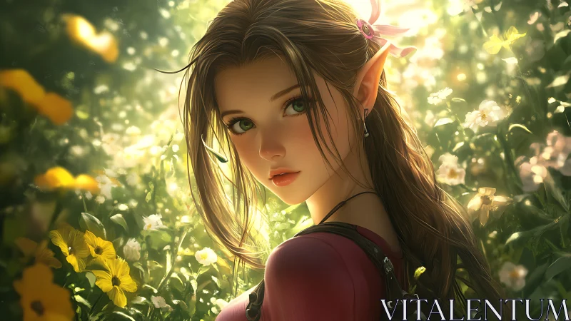 Elf maiden portrait in luminous floral meadow backlight.