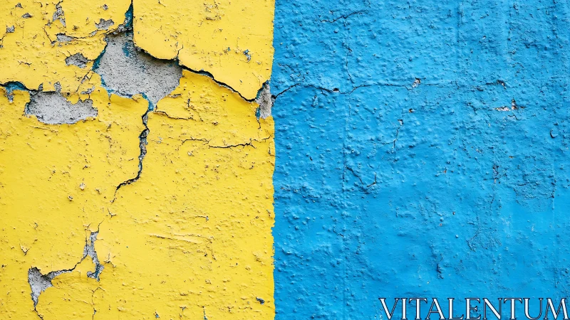 Weathered yellow and blue wall texture with peeling paint detail.