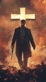 Armed vigilante emerging from inferno beneath luminous cross.