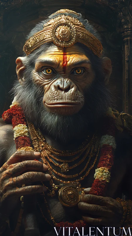 Regal simian deity portrait with ornate gold adornments.