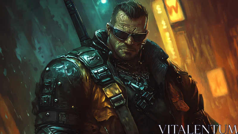 Cybernetic enforcer in neon-soaked alleyway vigil stance.