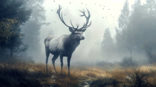 Stag with large antlers stands in misty forest clearing