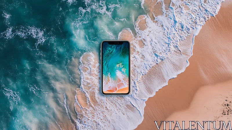 Smartphone overlay merges ocean shoreline with vivid screen.