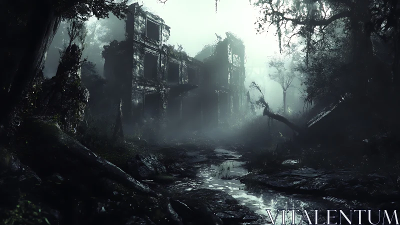 Ruined jungle mansion exhales mist into a fading dawn