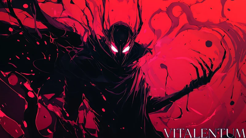 Shadow demon emerges in swirling crimson void of chaos.